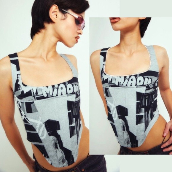 Miaou | NWT Campbell Corset Stretch Canvas Stone Grey 90s Y2K Pop Art L - Picture 2 of 12